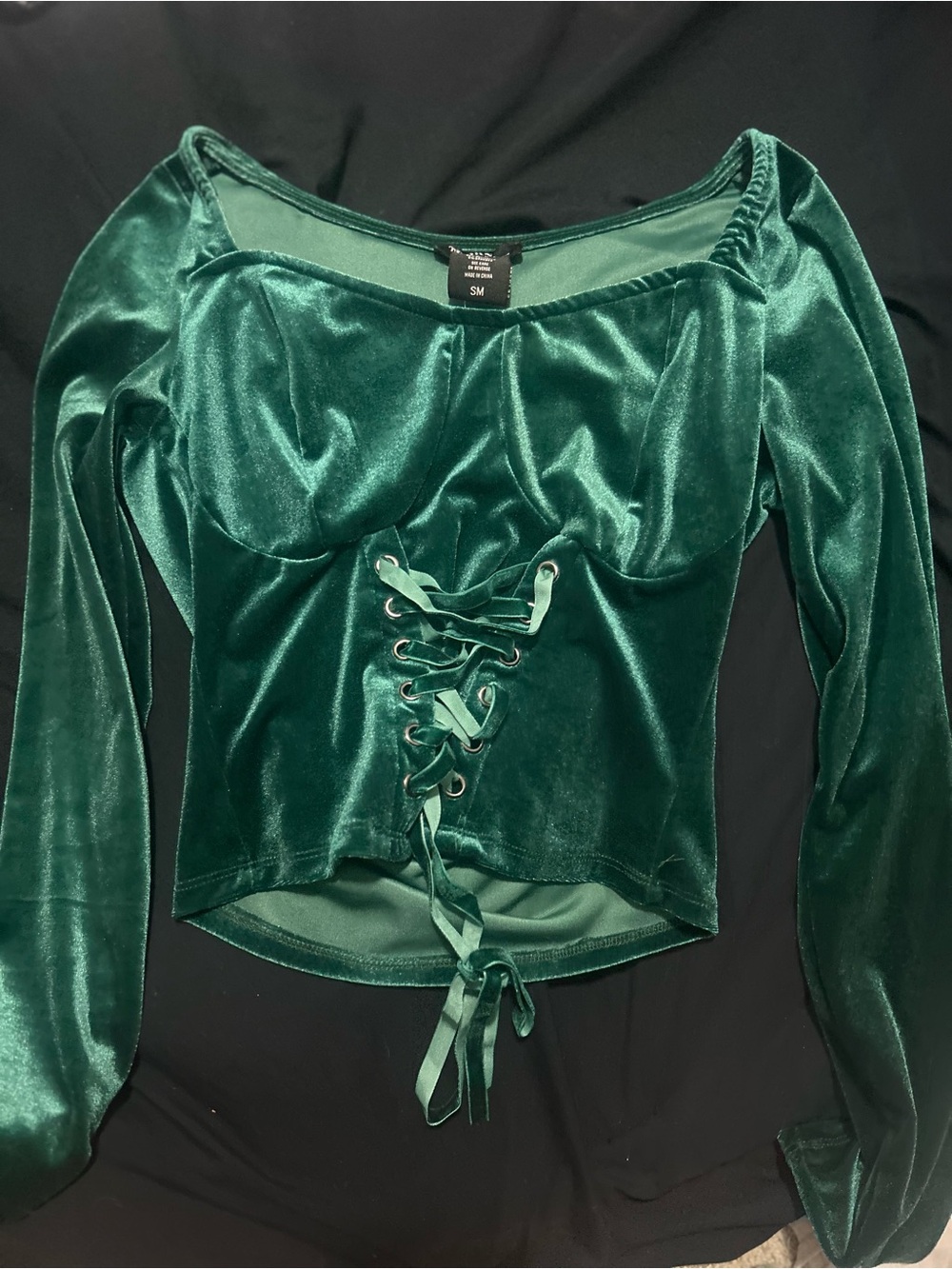 Emerald Green Velvet Lace-Up Crop Top